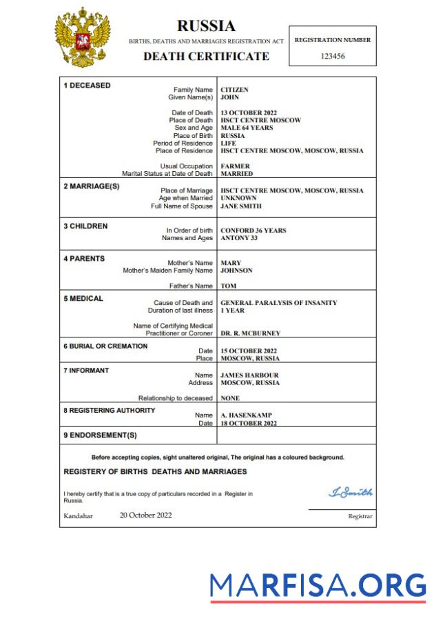 Downloadable Russia death certificate Word and PDF template